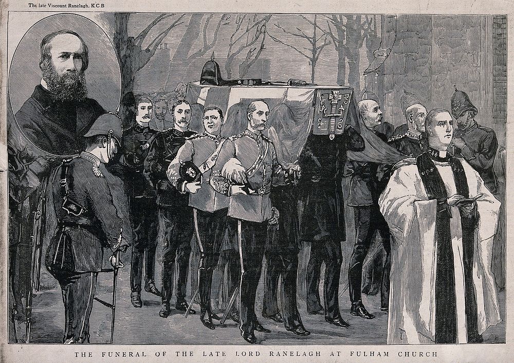Funeral of Lord Ranelagh at Fulham Church in London in 1885. Wood engraving, ca. 1885.