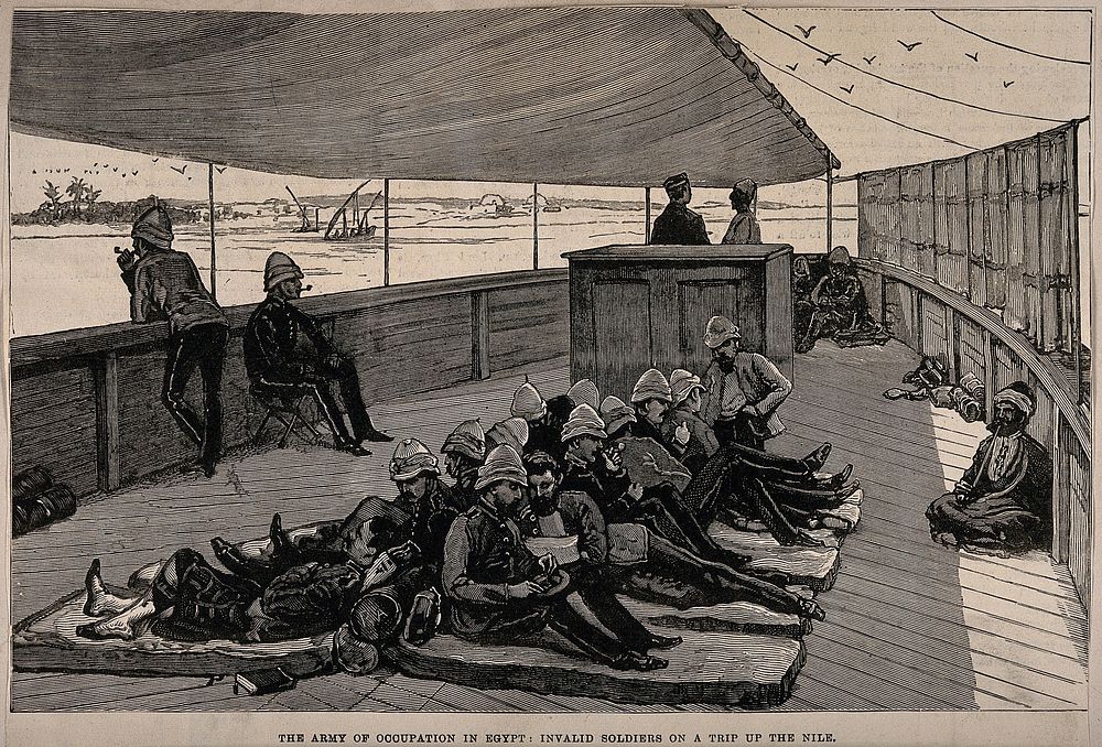 Anglo-Egyptian War, 1882: invalid British soldiers on a boat on the Nile. Wood engraving by P.A. or R.A., 1882.