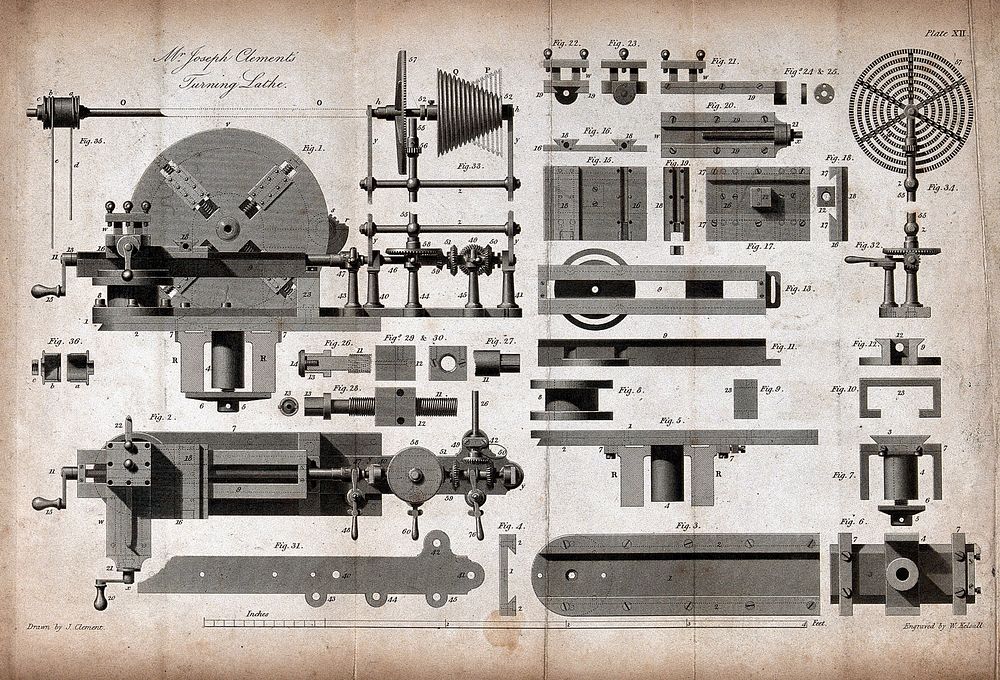 Engineering: Joseph Clement's constant-speed facing lathe, elevation, plan, and details. Engraving by W. Kelsall after J.…