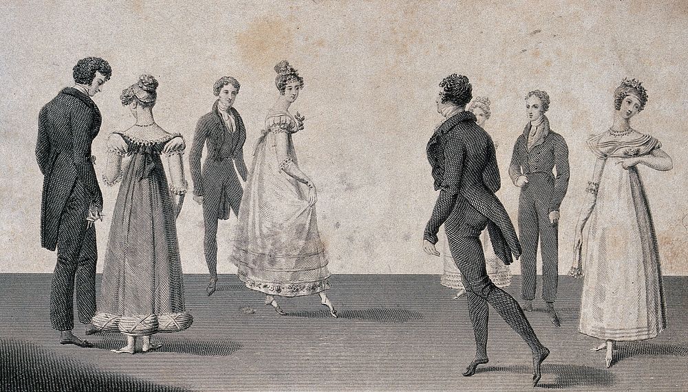 Four couples dancing the quadrille. Engraving, ca. 1825.