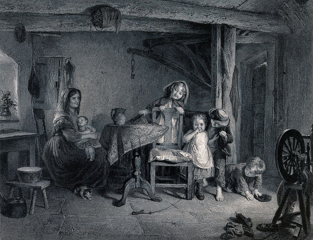 Four young children play together in a kitchen as their mother looks on holding a baby. Engraving by Lumb Stocks after A.H.…