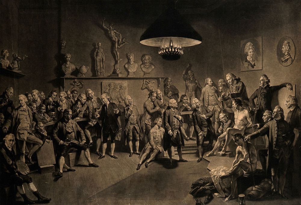 William Hunter's life class for the Royal Academy of Art at old Somerset House. Mezzotint, 1783, after J. Zoffany.