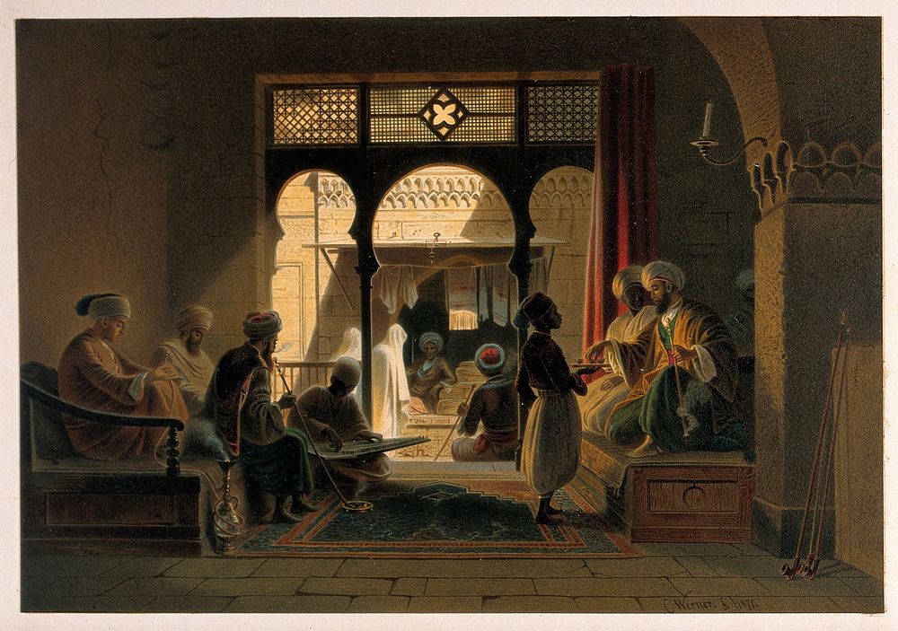 Cairo: a coffee-house with men sitting on wooden benches to smoke and drink. Colour lithograph by G.W. Seitz, ca. 1878…
