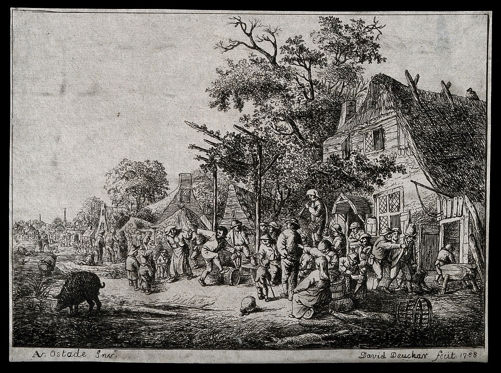 A bustling country fair full of stalls of people selling their wares. Etching by D. Deuchar, 1788, after A. Ostade.