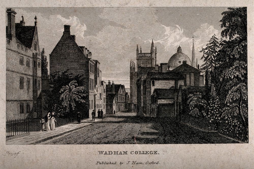 Wadham College, Oxford: panoramic view showing the Radcliffe Camera and St. Mary's Church in the background. Line engraving.