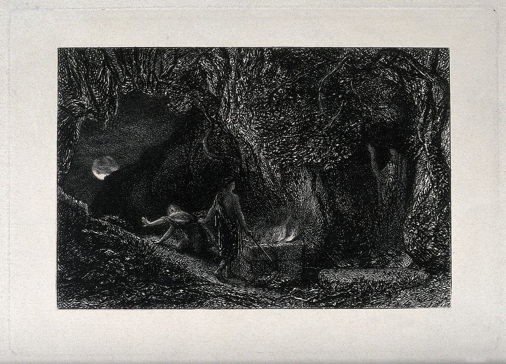 A wizard and his accomplice performing incantations in a forest during a full moon. Etching by S. Palmer and A.H. Palmer.