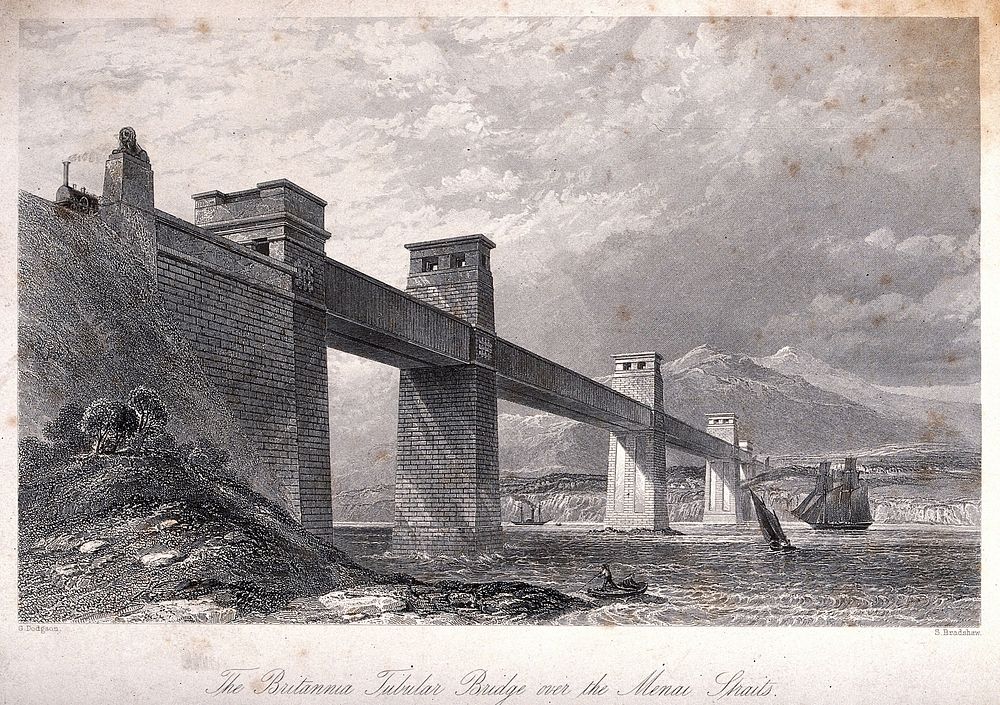 Civil engineering: the Menai box girder bridge. Engraving by S. Bradshaw after G. Dodgson.