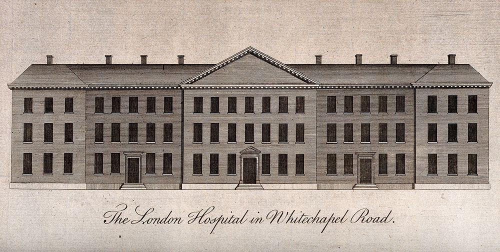The London Hospital, Whitechapel: the facade. Engraving.