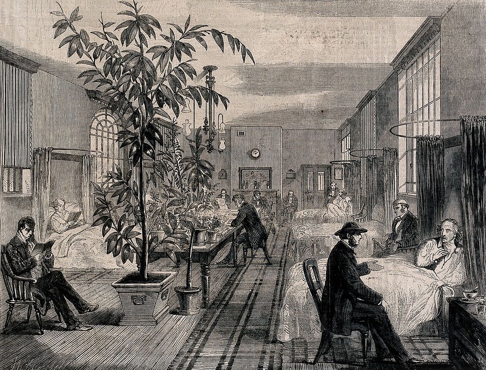 The Hospital of Bethlem [Bedlam], St. George's Fields, Lambeth: the men's ward of the infirmary. Wood engraving by F.…
