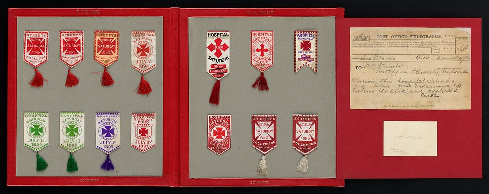 Hospital Saturday Fund : [fold-out presentation album of T. Stevens and W.H. Grant's 14 street collection flags from between…