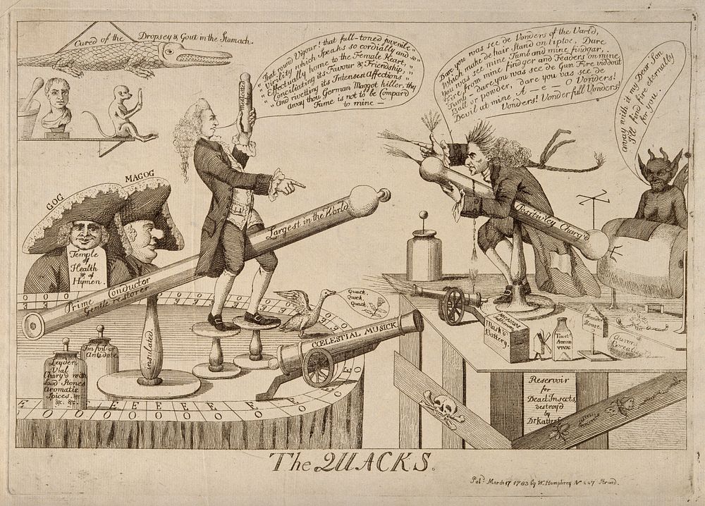 James Graham and Gustavus Katterfelto in combat using electrotherapy machines as weapons. Etching, 1783.