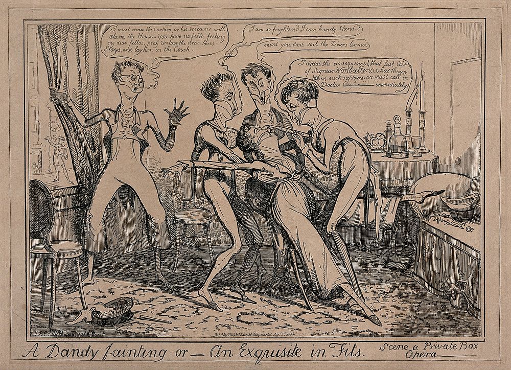Dandies at the opera, one of them swooning, overcome with emotion. Etching by I.R. Cruikshank, 1835.