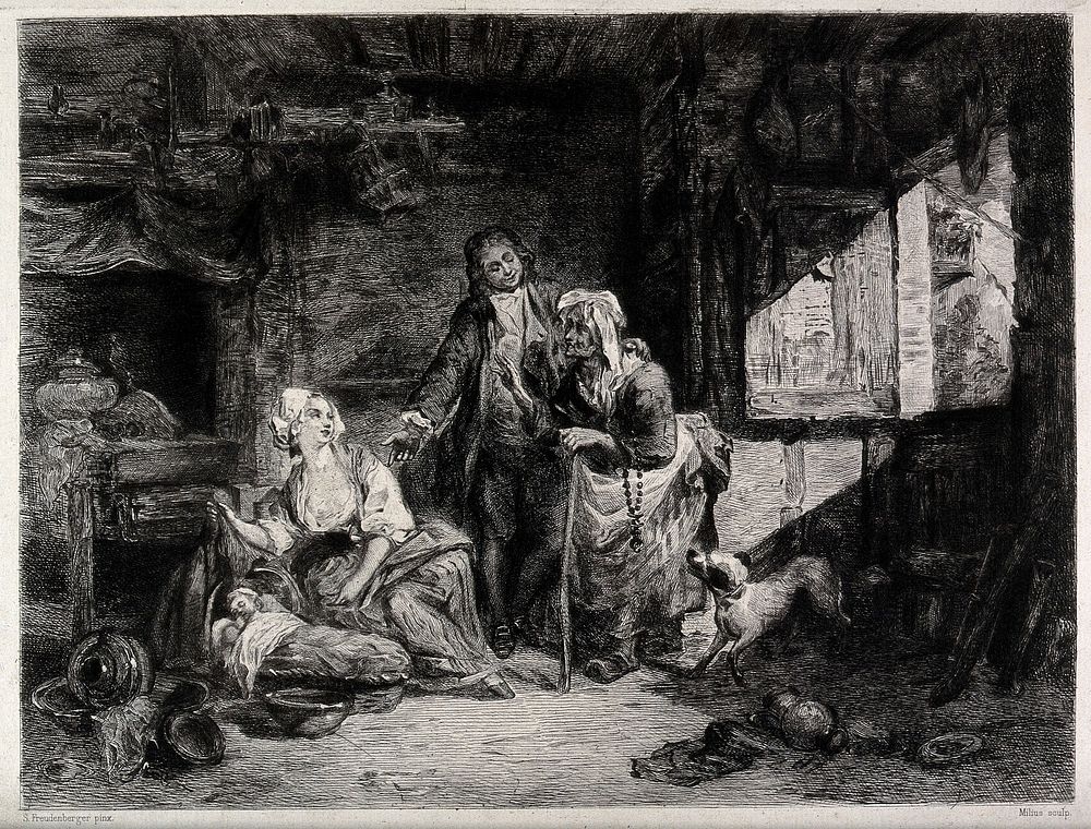 An old fortune-teller is visiting a couple and their newborn baby, whose birth she had predicted. Etching by F.A. Milius…