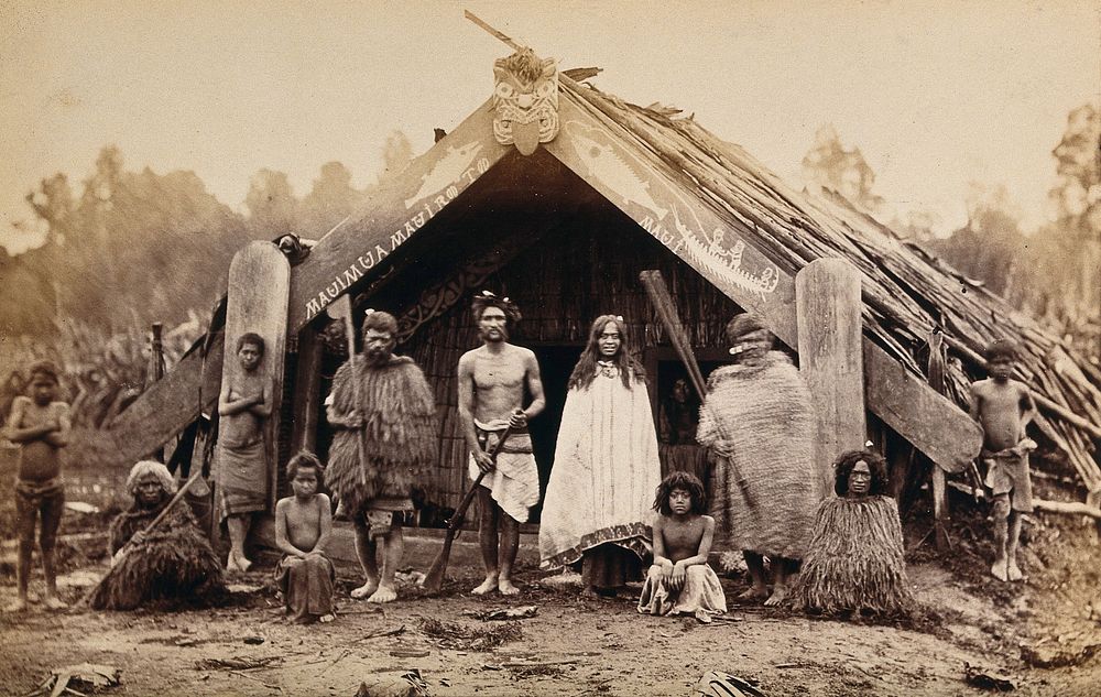 New Zealand: a group of Maori in front of a traditional building. Albumen print.