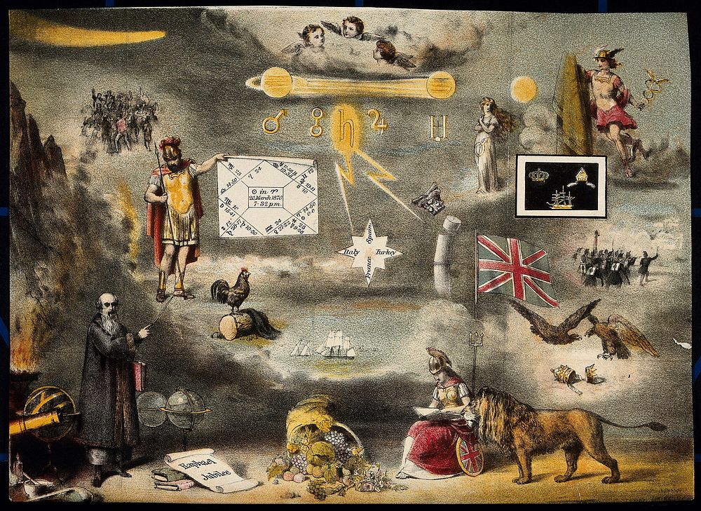 Astronomy: various apocalyptic scenes, including a comet, lightning, and French soldiers. Coloured lithograph, [c.1847].