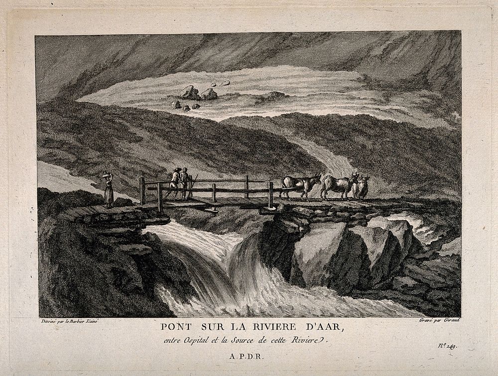 A bridge over the river Aar near its source. Etching by E.A. Giraud after J.J.F. Le Barbier.