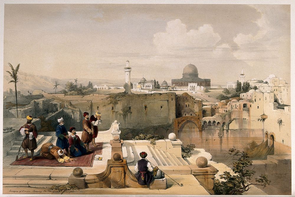 Jerusalem: men smoking and praying with a view to the mosque of Omar. Coloured lithograph by L. Haghe, c. 1841, after D.…