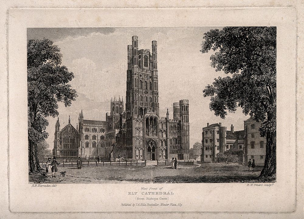 Ely Cathedral, Cambridgeshire: west front. Etching by R.W. Smart after R.B. Harraden.
