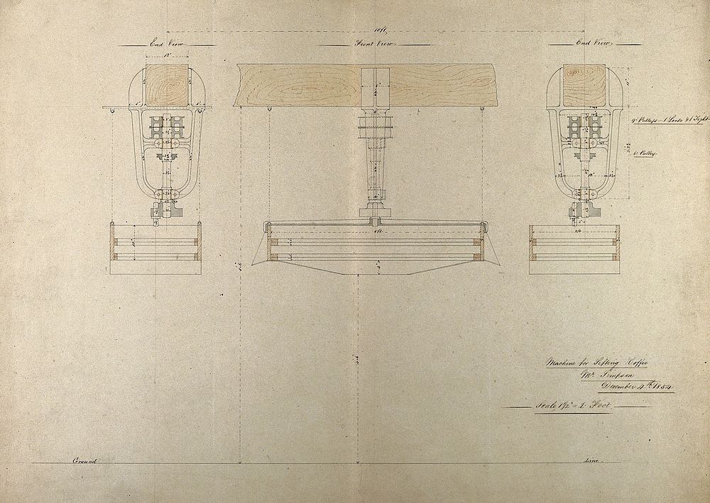 Engineering: a machine for sifting coffee, front and side elevations. Coloured drawing, 1845, by Simpson.