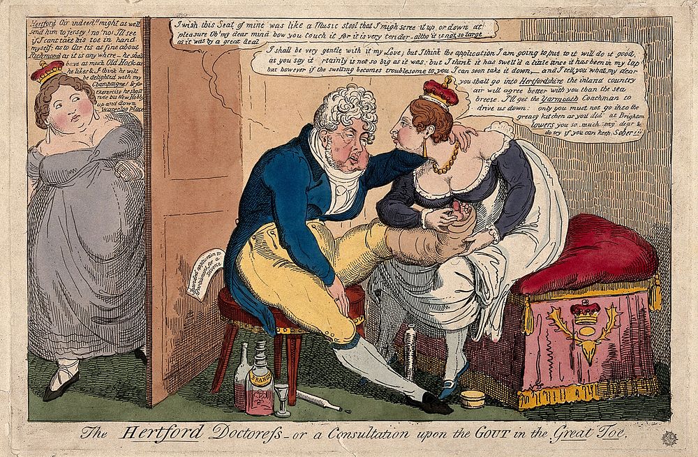 King George IV having his gouty foot massaged by his mistress Marchioness of Hertford while his wife Queen Caroline listens…