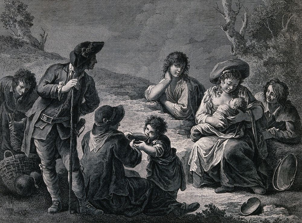 A gypsy family partaking of food and wine while resting from their travels. Engraving by Franco Pedro after F. Maggiotto.