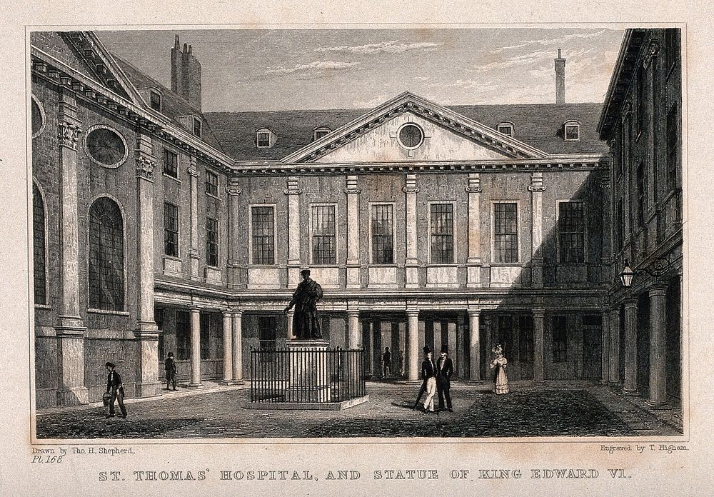 Old St. Thomas's Hospital, Southwark: inside the first courtyard. Engraving by T. Higham after T. H. Shepherd.