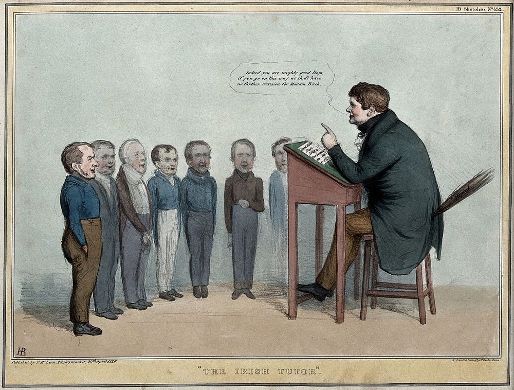 Daniel O'Connell sits at a lectern desk with a birch inscribed "repeal" teaching a row of school boys. Coloured lithograph…