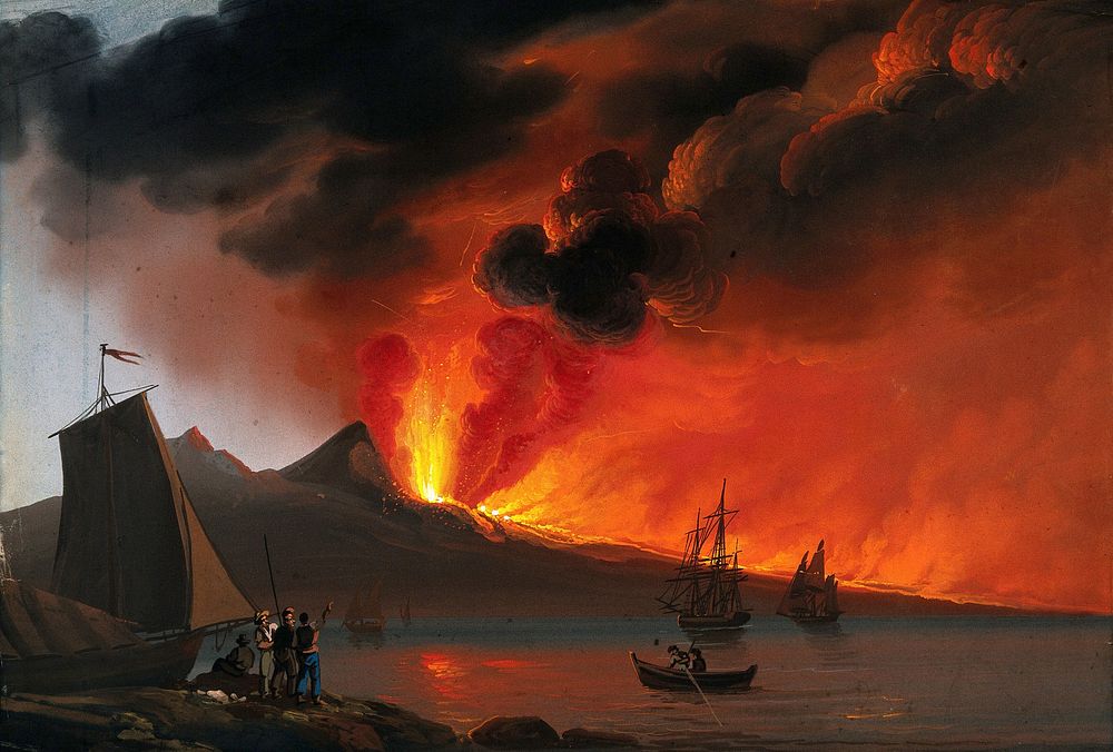 Italy : a volcano erupting in the background; boats and sailors in the foreground. Gouache painting, ca. 1830.