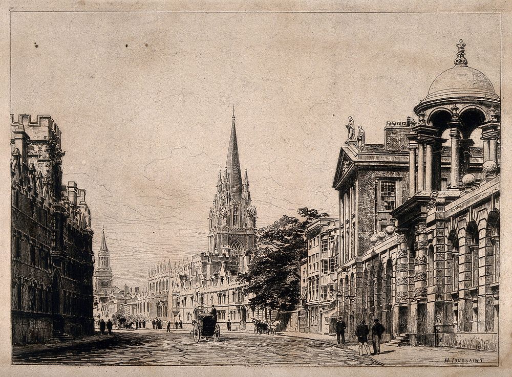 City of Oxford: panoramic view of the High Street with views of the colleges and churches. Etching by H. Toussaint.