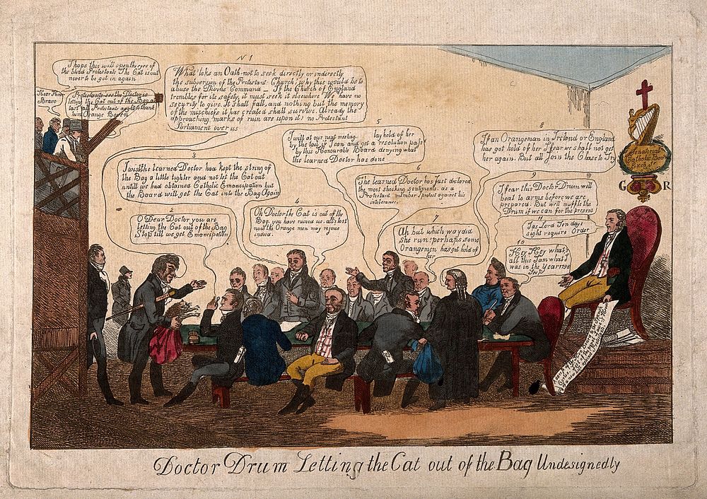 Thomas Dromgoole speaking at a meeting of the Catholic Board in Dublin; represented as Doctor Drum "letting the cat out of…