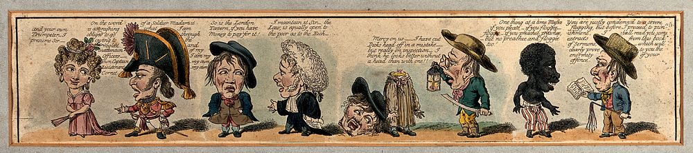 Four conversations in which one speaker annoys the other. Coloured etching, 1800.