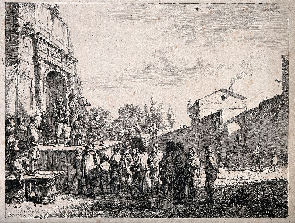 An itinerant medicine vendor selling his wares on stage with the aid of three musicians to an audience in the ruins of a…