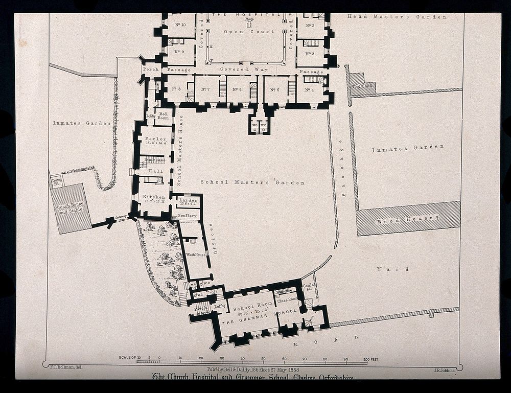 Church hospital and grammar school, Ewelme, Oxfordshire: map. Transfer lithograph by J.R. Jobbins, 1858, after F.T. Dollman.
