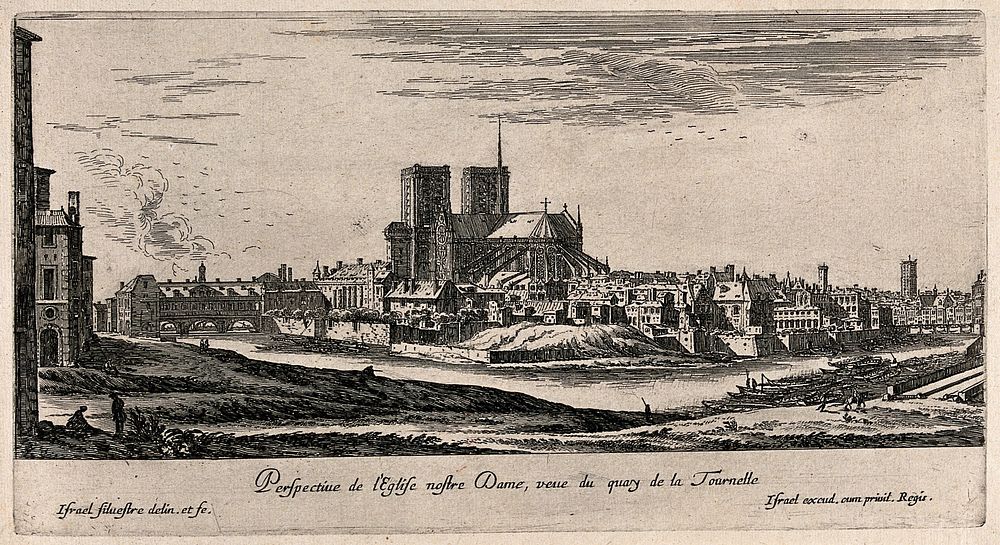 Isle de la Cité with Notre Dame. Etching by I. Silvestre.