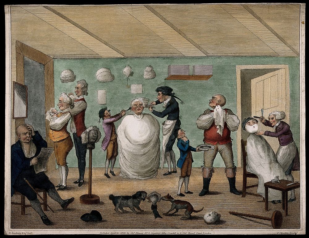 A barber's shop. Coloured etching by C. Knight after H.W. Bunbury.