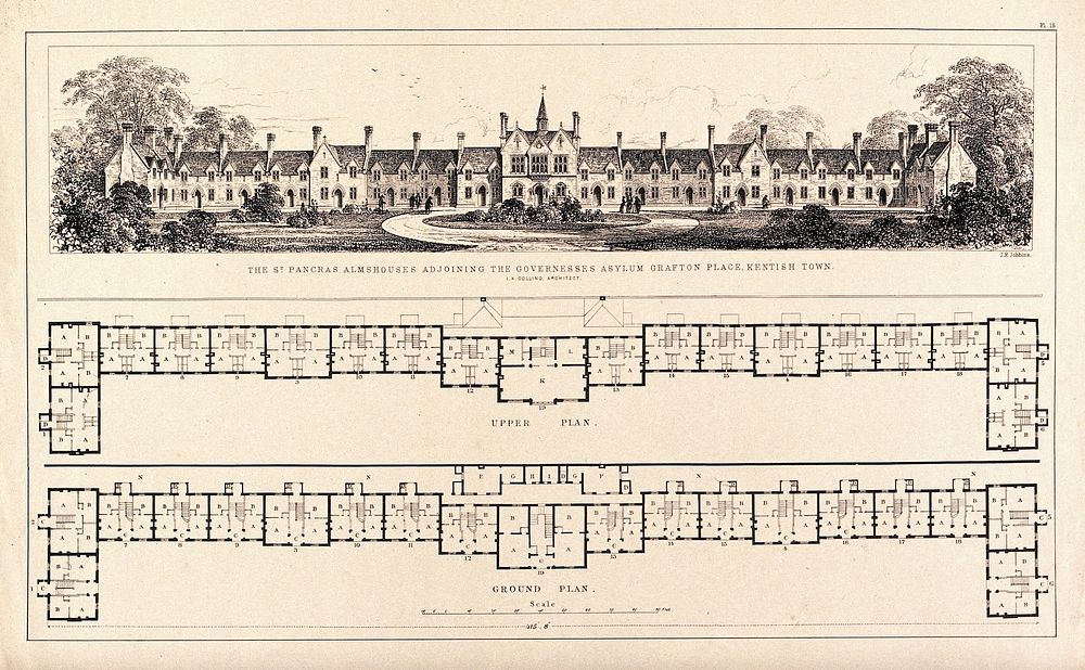St Pancras Almshouses, Grafton Place, London: the facade and two floor plans. Wood engraving by J. R. Jobbins.