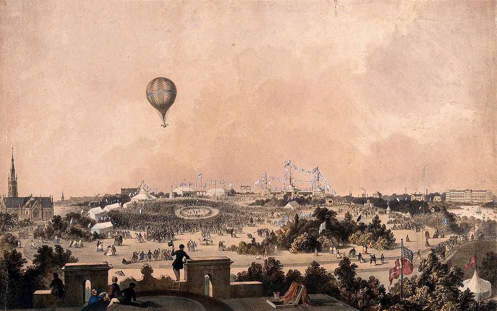 A balloon flies over a park with marquees and bunting where crowds of people are gathered. Coloured lithograph.