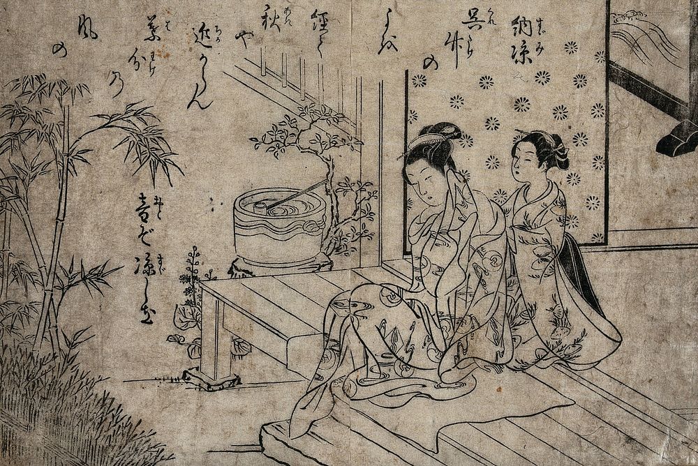 A young maid kneels to massage the shoulders of her mistress, who is seated on a verandah. Woodcut by H. Suzuki, 1767.