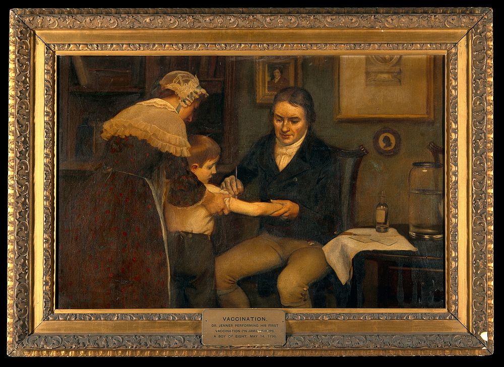 Vaccination: "Dr Jenner performing his first vaccination, 1796". Oil painting by Ernest Board.