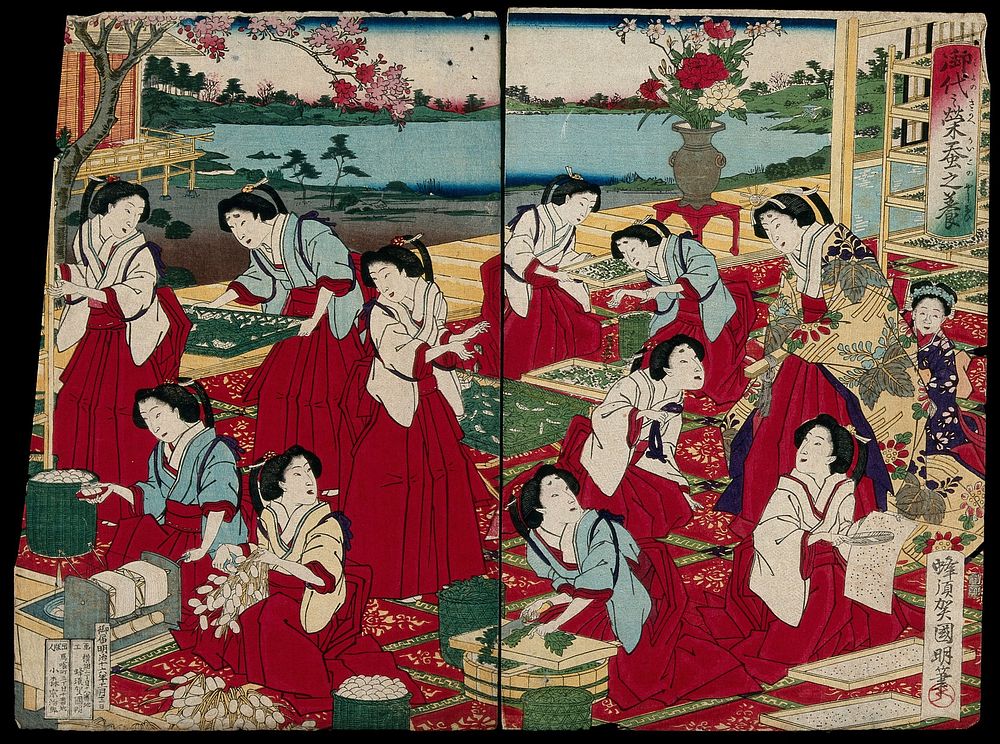 Court ladies producing silk under the supervision of the empress; their tasks include preparing eggs, chopping mulberry…