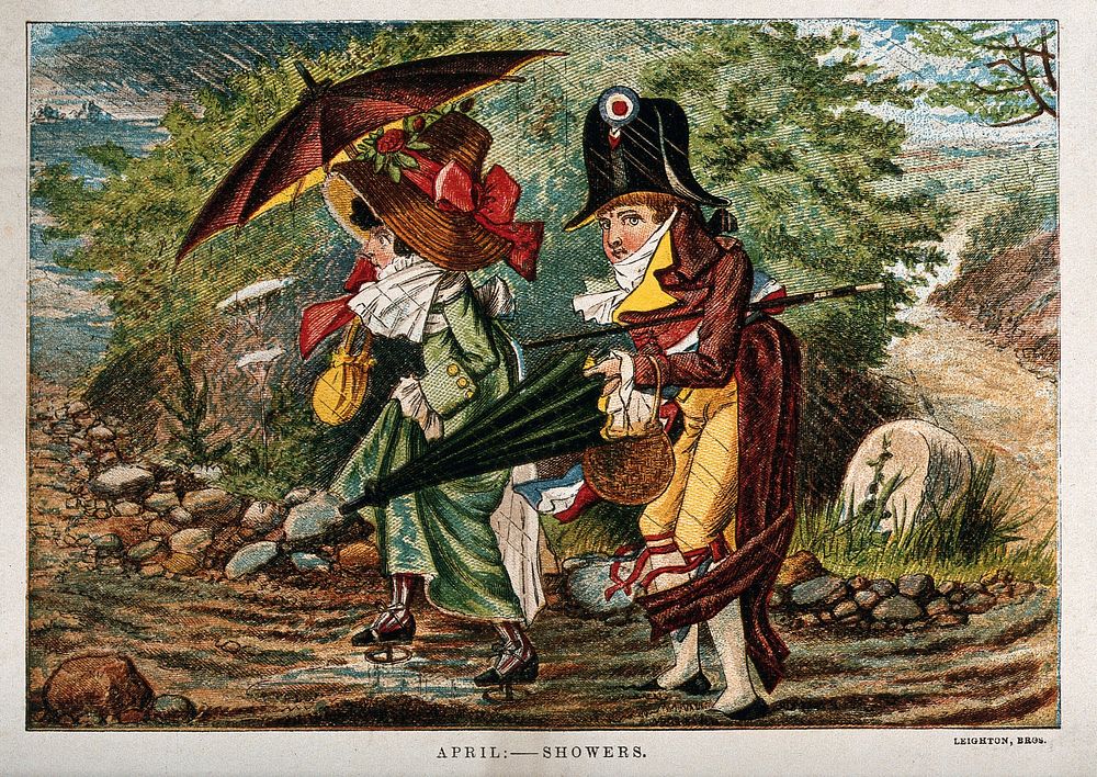 A cockaded Frenchman and his female companion are struggling with their umbrellas through a rain shower; representing the…