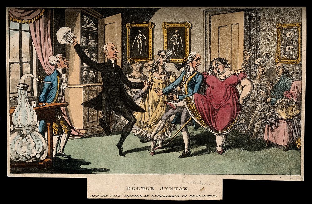 Doctor and Mrs Syntax, with other elderly people, taking laughing gas in the house of a tooth-drawer in Paris. Coloured…