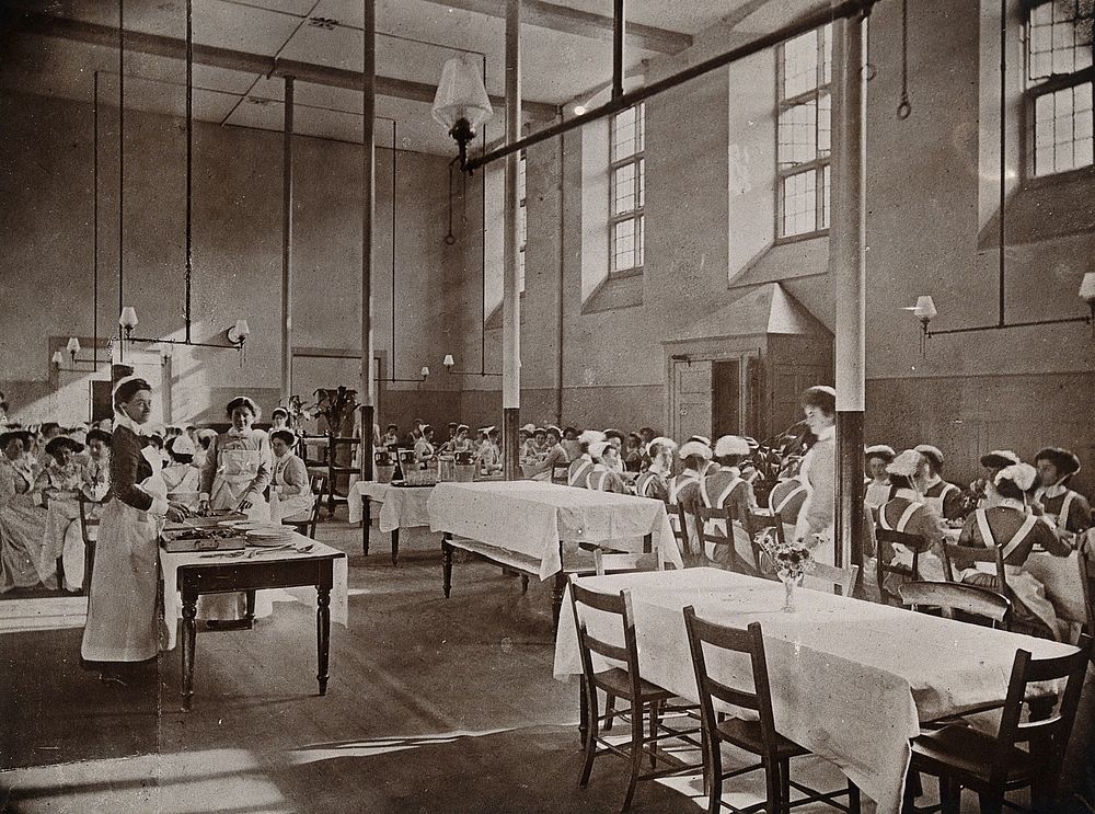 St Bartholomew's Hospital, London: dining room for nurses. Photograph, c.1908.