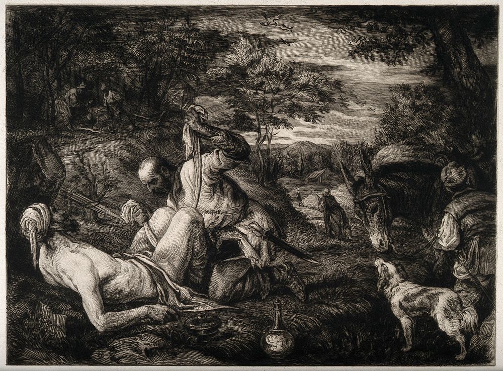 The good Samaritan seeing to a man's wounds while a priest and Levite walk into the distance. Etching by W. Unger after F.G.…