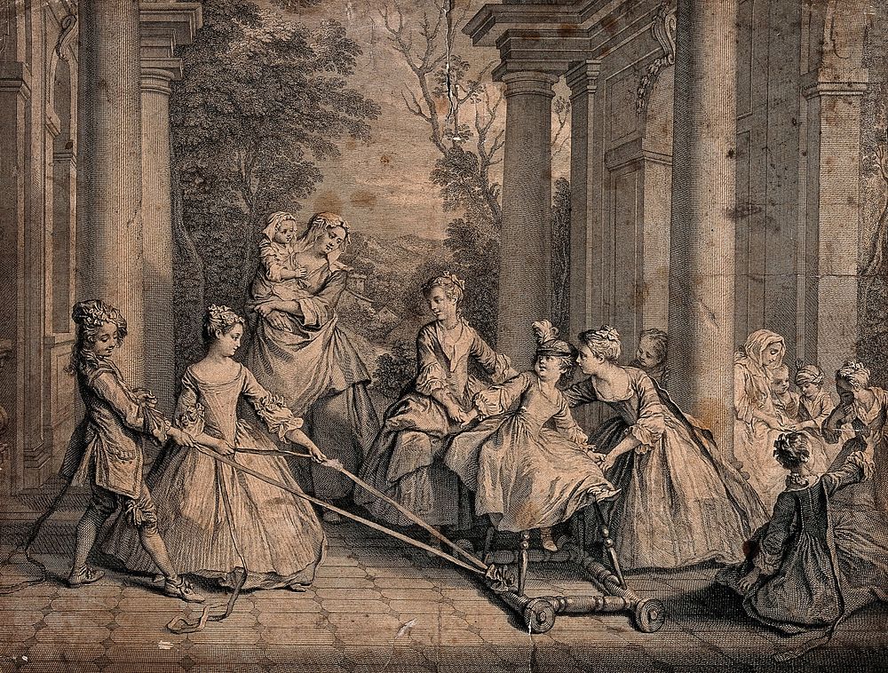Children playing a game with one of them being pulled along on a baby-walker with ribbons. Etching by N. Larmessin, 1735…
