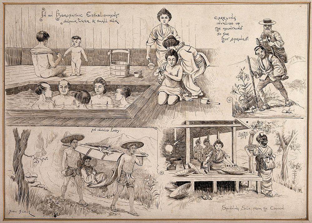 Three scenes relating to hydrotherapy and one concerning the production of silk. Pen drawing by J. Gülick.
