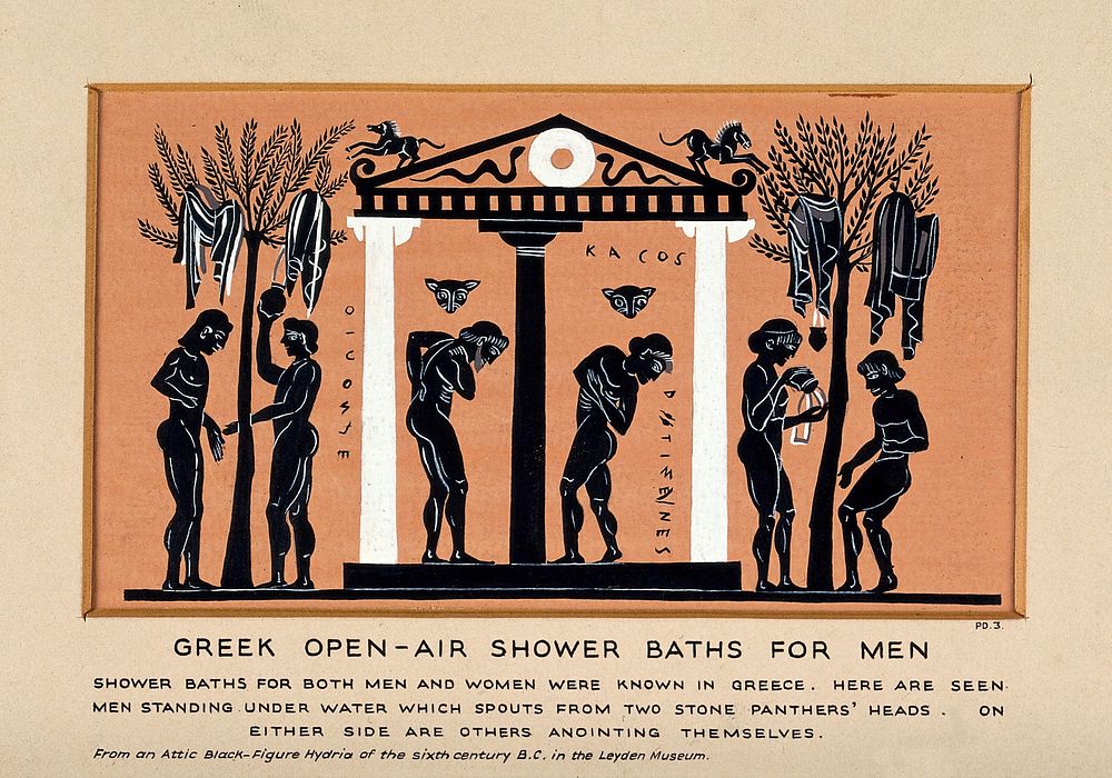 Greek open-air shower baths for men. Gouache painting by S.W. Kelly, 1937, after the Antimenes Painter.