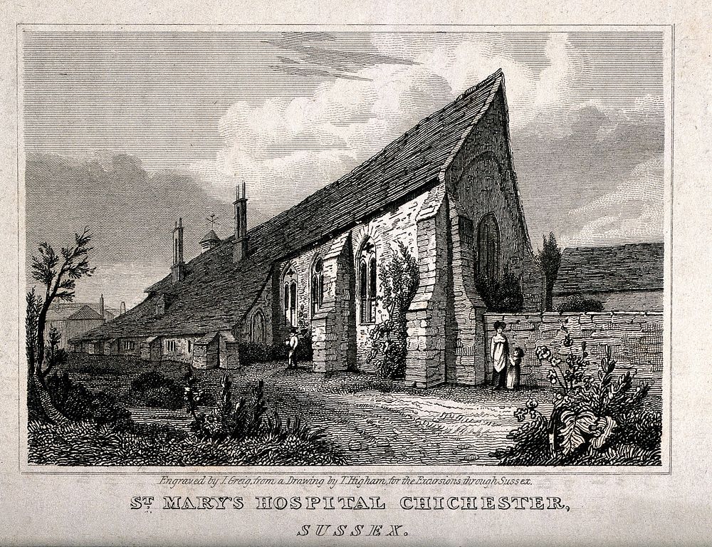 St Mary's Hospital, Chichester, Sussex. Line engraving by J. Greig after T. Higham.