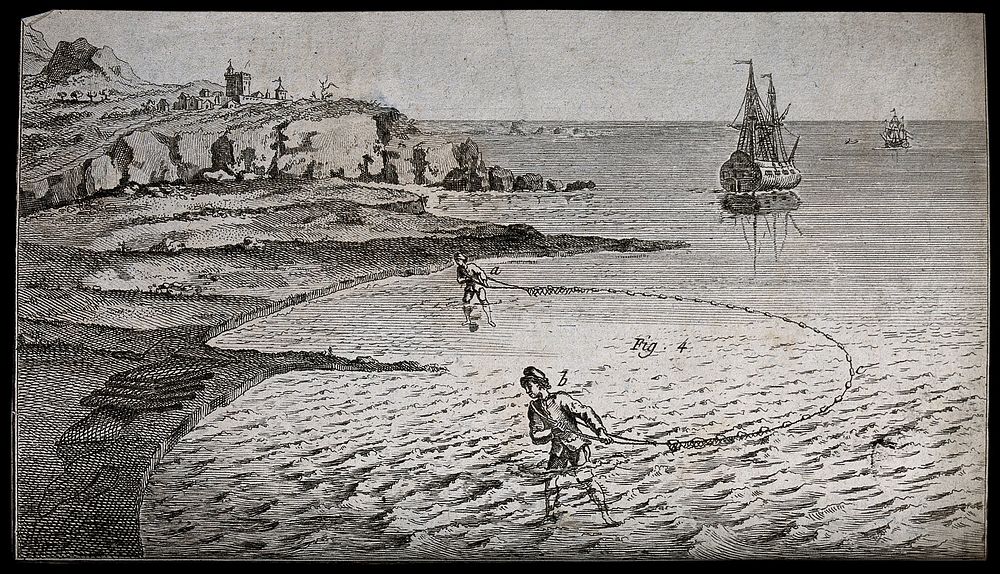 Fishermen hauling in a net close to the shore, ships stand off-shore in the background. Engraving.