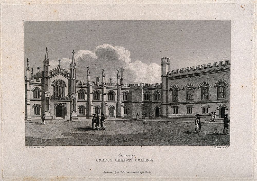 Corpus Christi College, Cambridge: New Court. Line engraving, 1826.